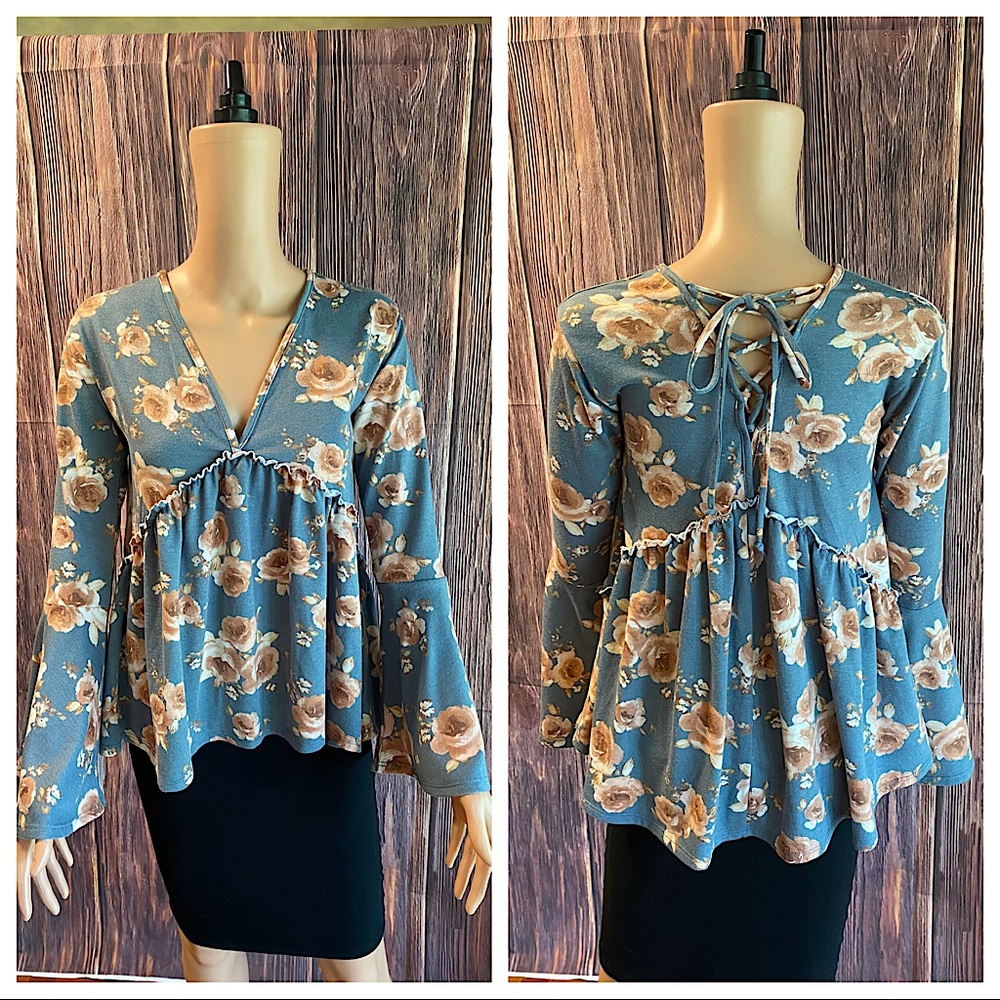 Altar’d State medium turquoise & peach pink floral colored boho tie up blouse